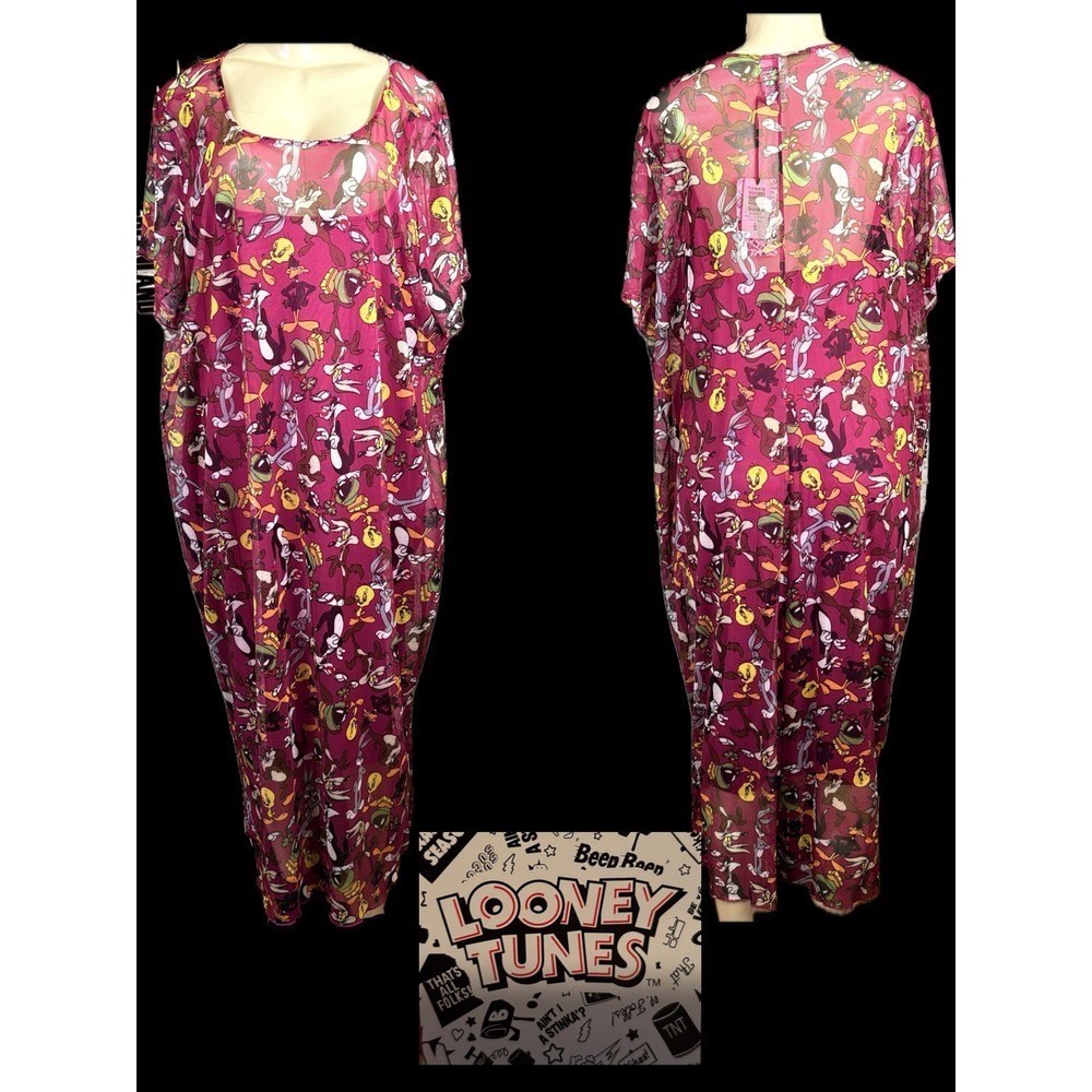 Looney Tunes Character Print Mesh Lined Midi T-Shirt Style Dress Magenta +5-5X